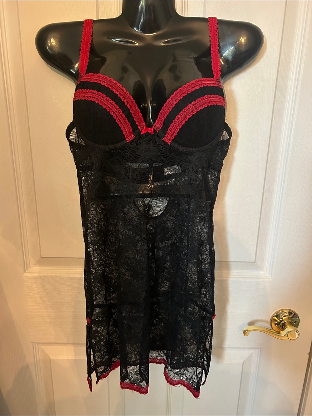 Blush Black Lace Chemise with Red Trim